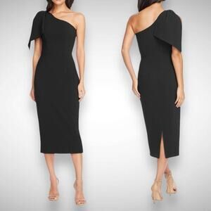 Dress the Population Tiffany Black Bow One Shoulder‎ Midi Dress Size XXL 2XL LBD